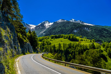 Asphalt road in Alps mountains, Moerel, Filet, Oestlich Raron, Wallis Valais Switzerland