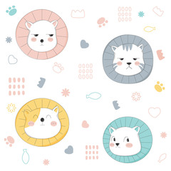 Cute cat seamless pattern hand drawn style