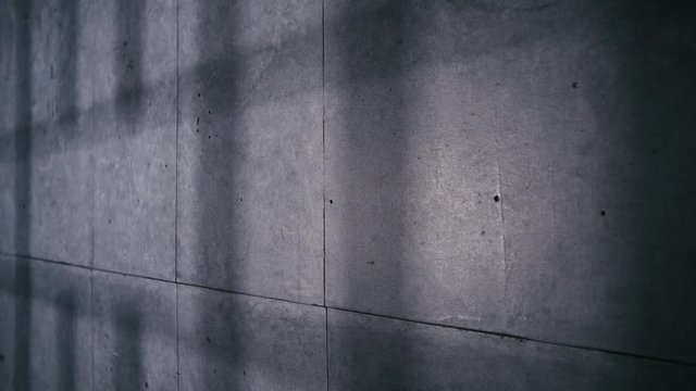 Medium shot of prison bar shadows on a cell wall as the afternoon light moves from left to right.
