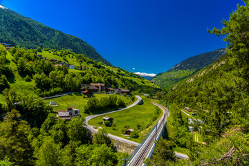 Railroad in Alps mountains valley, Moerel, Filet, Oestlich Raron, Wallis Valais