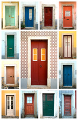 Collage of colorful doors in Libon in Portugal