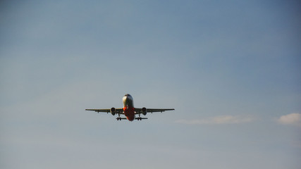 the plane released the landing gear and landing at the airport . copy space for text