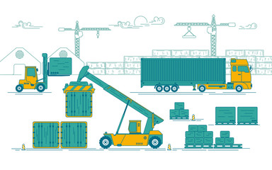concept of industrial warehousing, graphic of forklifts on operating process in warehouse