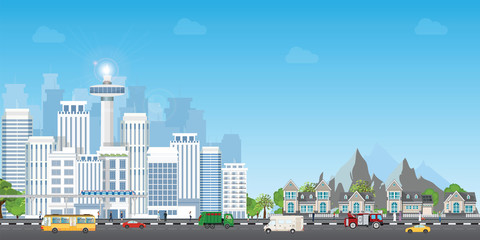 Naklejka premium Landscape city with large modern buildings and suburb with private houses .