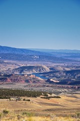 Panorama Landscapes views from Road to Flaming Gorge National Recreation Area and Reservoir driving north from Vernal on US Highway 191, in the Uinta Basin Mountain Range of Utah United States, USA
