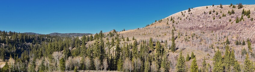 Panorama Landscapes views from Road to Flaming Gorge National Recreation Area and Reservoir driving north from Vernal on US Highway 191, in the Uinta Basin Mountain Range of Utah United States, USA