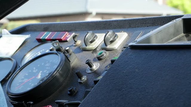 Shot of the instrument panel and dashboard of an old bus coach.