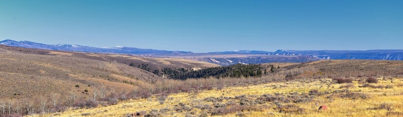 Panorama Landscapes views from Road to Flaming Gorge National Recreation Area and Reservoir driving north from Vernal on US Highway 191, in the Uinta Basin Mountain Range of Utah United States, USA