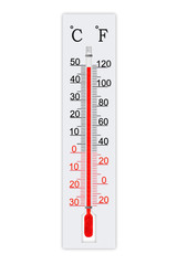 Meteorology thermometer isolated on white background. Thermometer shows air temperature plus 49 degrees celsius 