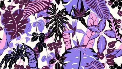 Foto op Plexiglas Colorful botanical seamless pattern, hand drawn tropical plants on pink background, black and purple tones © momosama