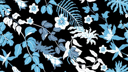 Foto op Canvas Colorful botanical seamless pattern, hand drawn tropical plants on black background, blue tone © momosama