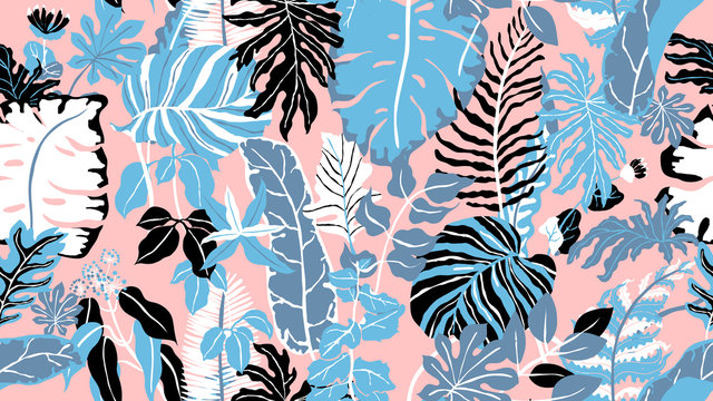 Colorful botanical seamless pattern, hand drawn tropical plants on pink background, blue, black and pink tones