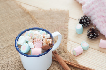 Hot chocolate with marshmallows. Pastel colour. Winter drink