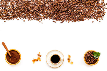 coffee background with beans and cup of americano white table flat lay space for text