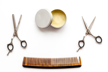 Instruments of male hairdresser barbershop top view on white background