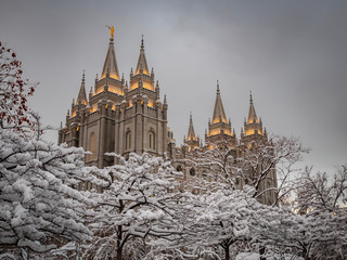 The LDS Temple in Salt Lake City after a snow storm