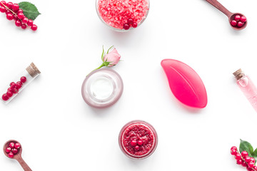 organic cosmetics for homemade spa with wineberry salt on white background top view