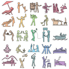 activities icon of leisure, rest, hobby, relax and travel, pastel color set