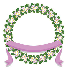 circle flower laurel wreath frame and pink  ribbon for wedding card frame, vector illustration