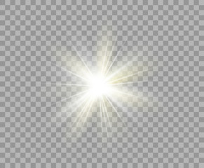 White and yellow luminous transparent light. Vector Christmas star, a bright flash of light. Glitter element on isolated transparent background. With the possibility of overlay.
