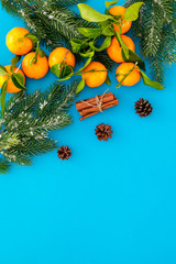 Fototapeta na wymiar Winter fruits for New Year and Christmas. Tangerines, fir tree and cinnamon on blue background top view mock-up