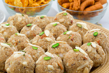 Indian Traditional Sweet Food Urad Dal Laddu Also Know as Laddoo, Ladoo, Laddo are Ball-Shaped Sweets Made of Butter, Dry Fruits, Fenugreek and other Spices. Urad Dal laddu Sweet Mostly Eat in Winter