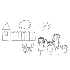 Happy family with children. Kids drawing style vector illustration. Mother, father, sister, brother.