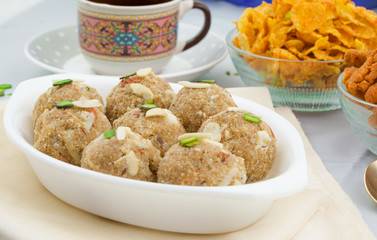 Indian Traditional Sweet Food Urad Dal Laddu Also Know as Laddoo, Ladoo, Laddo are Ball-Shaped Sweets Made of Butter, Dry Fruits, Fenugreek and other Spices. Urad Dal laddu Sweet Mostly Eat in Winter