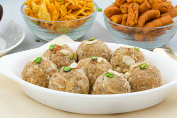 Indian Traditional Sweet Food Urad Dal Laddu Also Know as Laddoo, Ladoo, Laddo are Ball-Shaped Sweets Made of Butter, Dry Fruits, Fenugreek and other Spices. Urad Dal laddu Sweet Mostly Eat in Winter