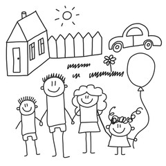 Obraz premium Happy family with children. Kids drawing style vector illustration. Mother, father, sister, brother.