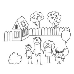 Happy family with children. Kids drawing style vector illustration. Mother, father, sister, brother.