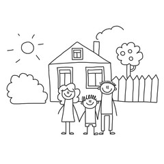 Happy family with children. Kids drawing style vector illustration. Mother, father, sister, brother.