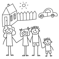 Happy family with children. Kids drawing style vector illustration. Mother, father, sister, brother.