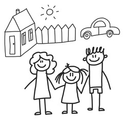 Happy family with children. Kids drawing style vector illustration. Mother, father, sister, brother.