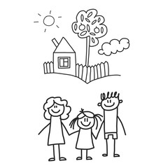 Happy family with children. Kids drawing style vector illustration. Mother, father, sister, brother.