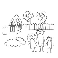 Happy family with children. Kids drawing style vector illustration. Mother, father, sister, brother.