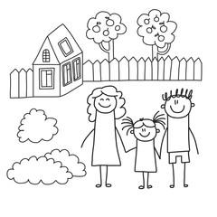 Happy family with children. Kids drawing style vector illustration. Mother, father, sister, brother.