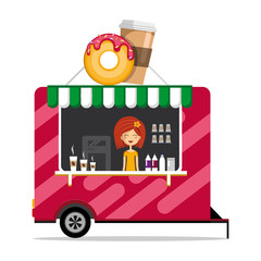 Naklejka premium Flat design vector illustration of Mobile car with coffee and donuts. coffee to go. isolated on white. take away