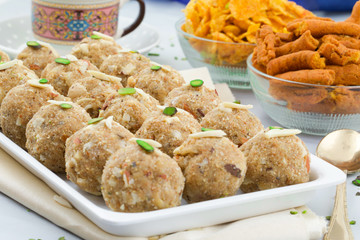 Indian Traditional Sweet Food Urad Dal Laddu Also Know as Laddoo, Ladoo, Laddo are Ball-Shaped Sweets Made of Butter, Dry Fruits, Fenugreek and other Spices. Urad Dal laddu Sweet Mostly Eat in Winter