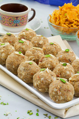 Indian Traditional Sweet Food Urad Dal Laddu Also Know as Laddoo, Ladoo, Laddo are Ball-Shaped Sweets Made of Butter, Dry Fruits, Fenugreek and other Spices. Urad Dal laddu Sweet Mostly Eat in Winter