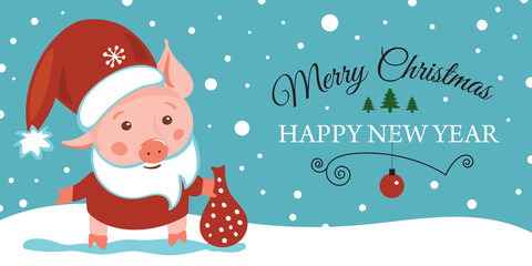 Sketching New year 2019 illustration, pig. Hand drawn logo, emblem, symbol of year, Christmas