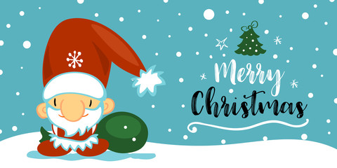 Merry Christmas and Happy New Year post card with cute Santa Clause in cartoon style on blue background with falling snow