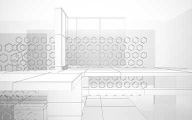 Abstract white interior highlights future. Polygon drawing . Architectural background. 3D illustration and rendering