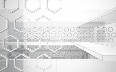 Abstract white interior highlights future. Polygon drawing . Architectural background. 3D illustration and rendering