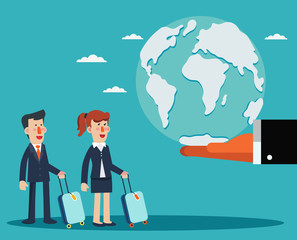 International business travel vector concept. Businessman and business woman with suitcase and world map - Vector 