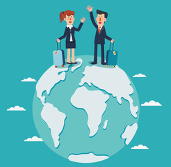 Global travel and journey illustration. International business travel and adventure vector concept. Businessman and business woman with suitcase on globe earth. Background with blue sky and clouds - V