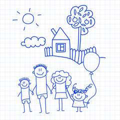 Happy family with small children and house Kids drawing vector illustration Blue ink pen image on checked notepad, notebook paper.