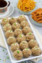 Indian Traditional Sweet Food Urad Dal Laddu Also Know as Laddoo, Ladoo, Laddo are Ball-Shaped Sweets Made of Butter, Dry Fruits, Fenugreek and other Spices. Urad Dal laddu Sweet Mostly Eat in Winter