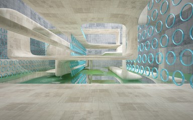Empty dark abstract concrete smooth interior with blue water . Architectural background. 3D illustration and rendering