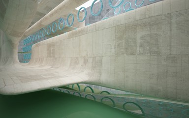 Empty dark abstract concrete smooth interior with blue water . Architectural background. 3D illustration and rendering